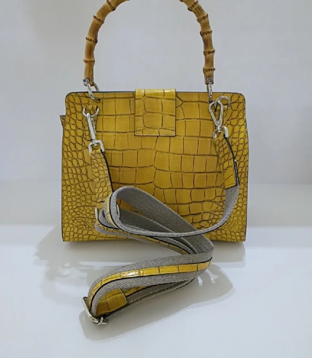 Yellow Leather Croc-Embossed Top Handle Bag with Bamboo Accent